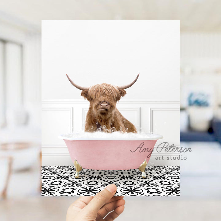 Highland Cow in Stencil Tile with Pink Bathtub Bath