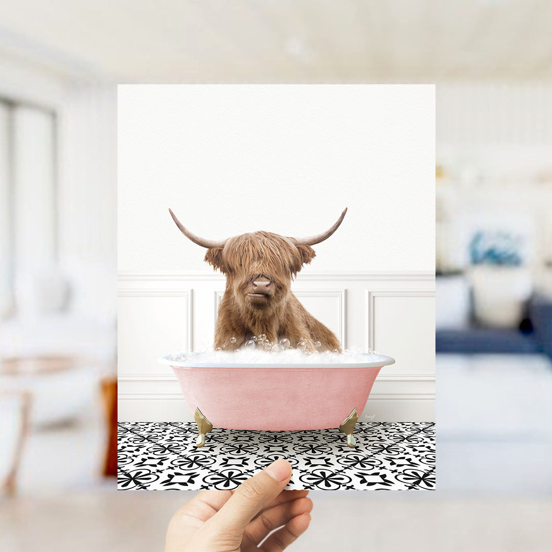 Highland Cow in Stencil Tile with Pink Bathtub Bath