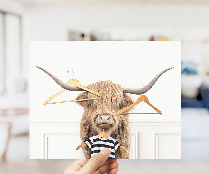 Highland Cow with Clothes Hangers - Simple White Wall