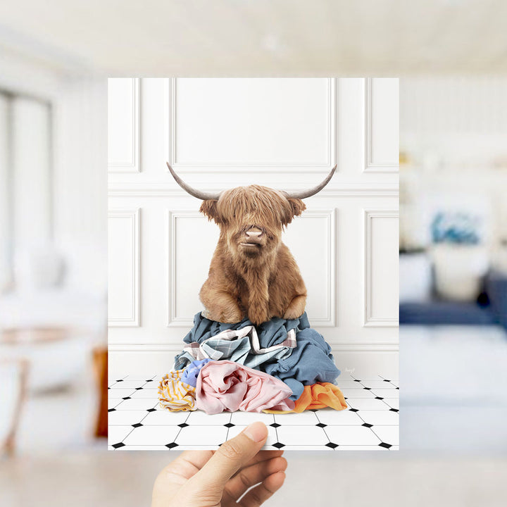 Highland Cow on Laundry Clothes Pile - Classic White Floor
