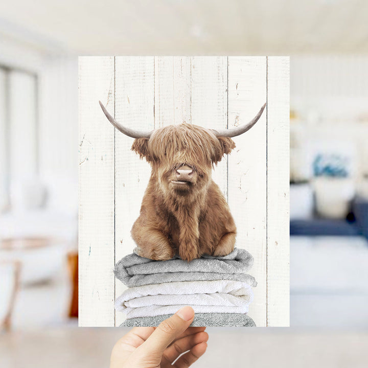 Highland Cow on Folded Towels - Farmhouse Wall