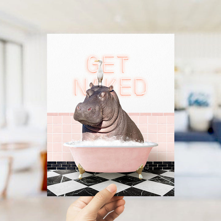 Hippo and Bird in Pink Get Naked Bath