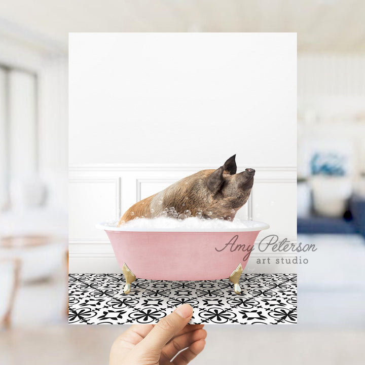 Hog in Stencil Tile with Pink Bathtub Bath