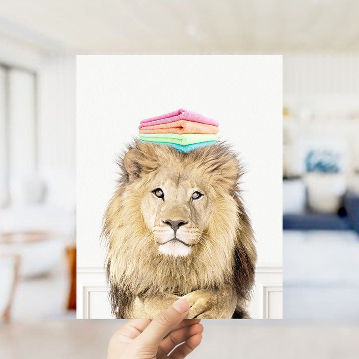Lion with Folded Towels - Simple White Wall