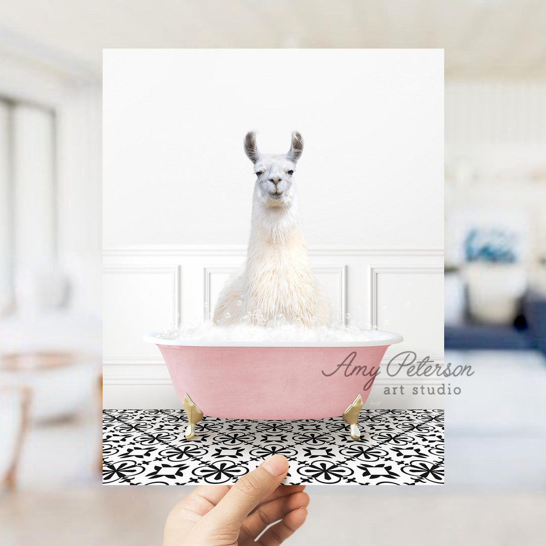 Llama in Stencil Tile with Pink Bathtub Bath