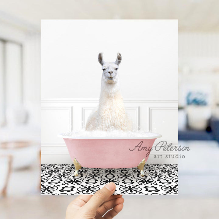 Llama in Stencil Tile with Pink Bathtub Bath