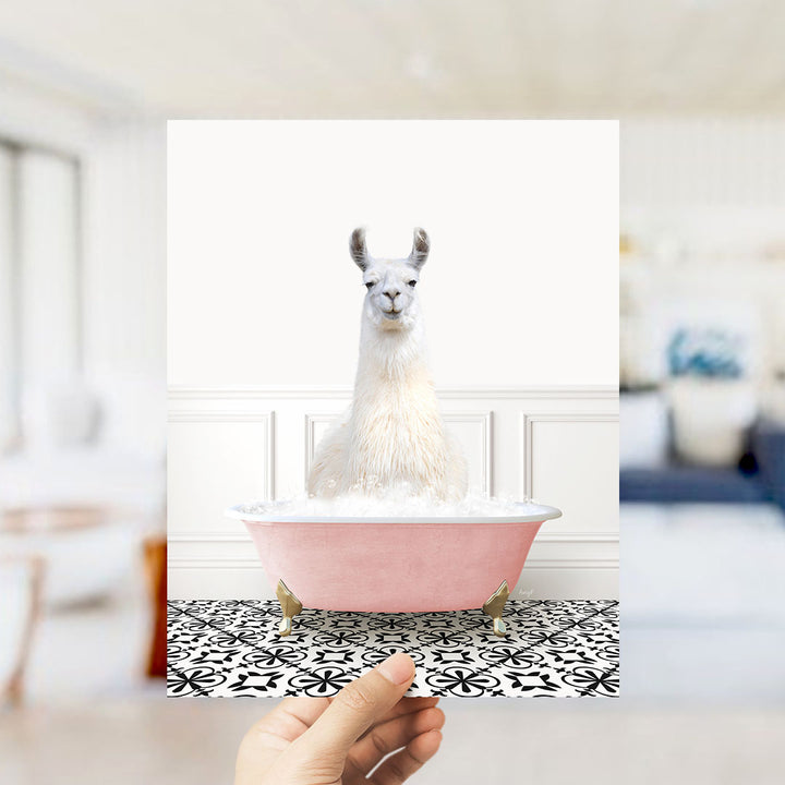 Llama in Stencil Tile with Pink Bathtub Bath