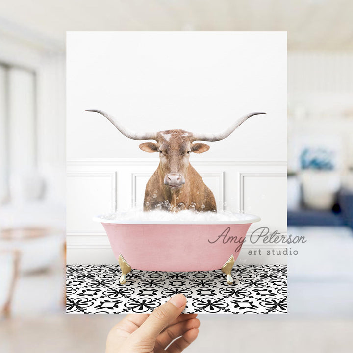 Texas Longhorn Cow in Stencil Tile with Pink Bathtub Bath