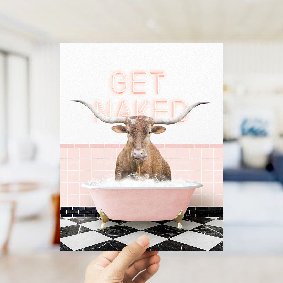 Texas Longhorn Cow in Pink Get Naked Bath