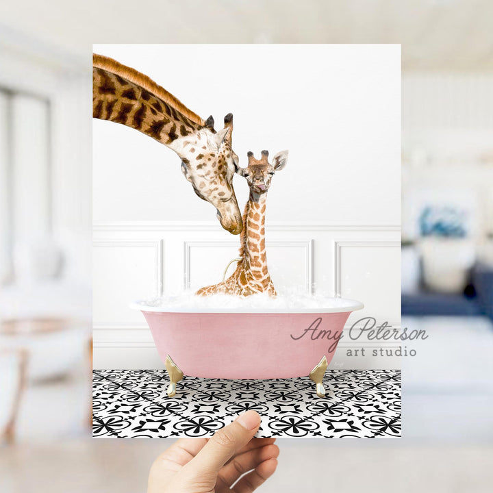Mother and Baby Giraffe in Stencil Tile with Pink Bathtub Bath