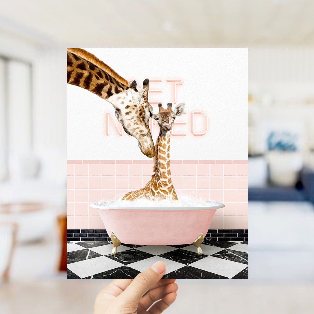 Mother and Baby Giraffe in Pink Get Naked Bath