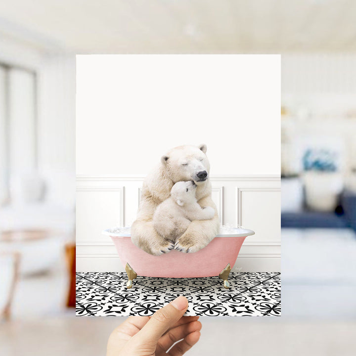 Mother and Baby Polar Bear in Stencil Tile with Pink Bathtub Bath