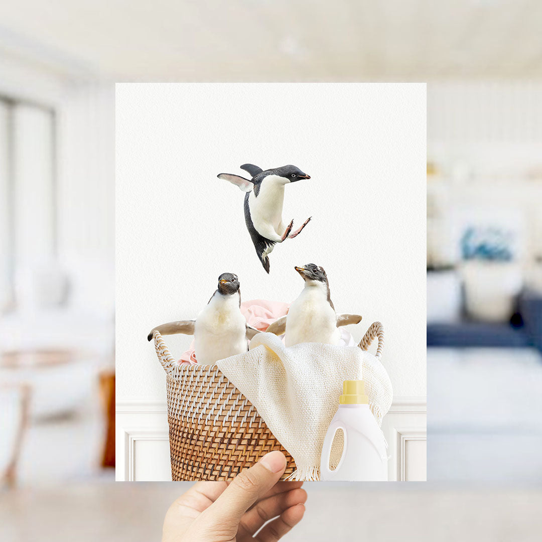 Penguins in Laundry Basket - Simple White Wall