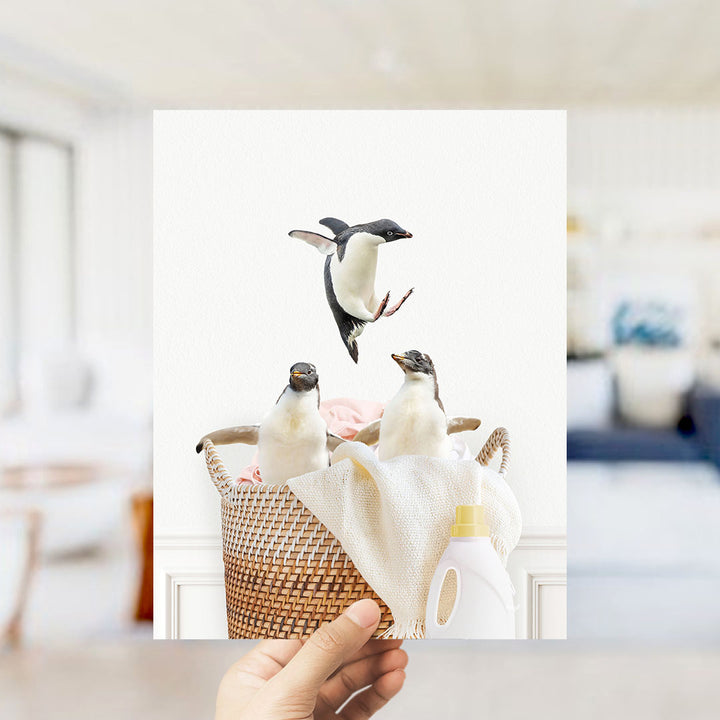 Penguins in Laundry Basket - Simple White Wall