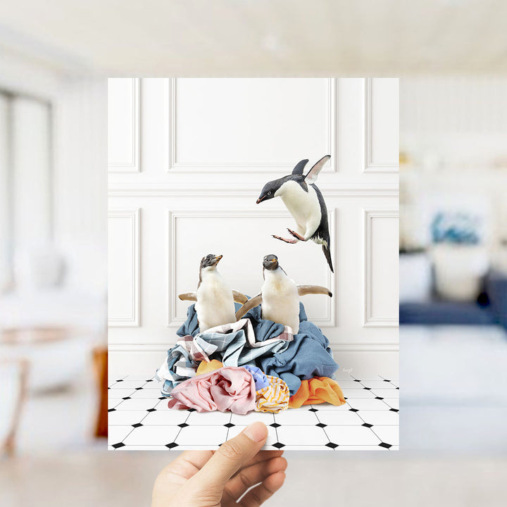 Penguins in Clothes Pile - Classic White Floor