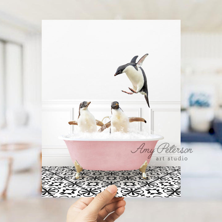 Penguins Playing in Stencil Tile with Pink Bathtub Bath