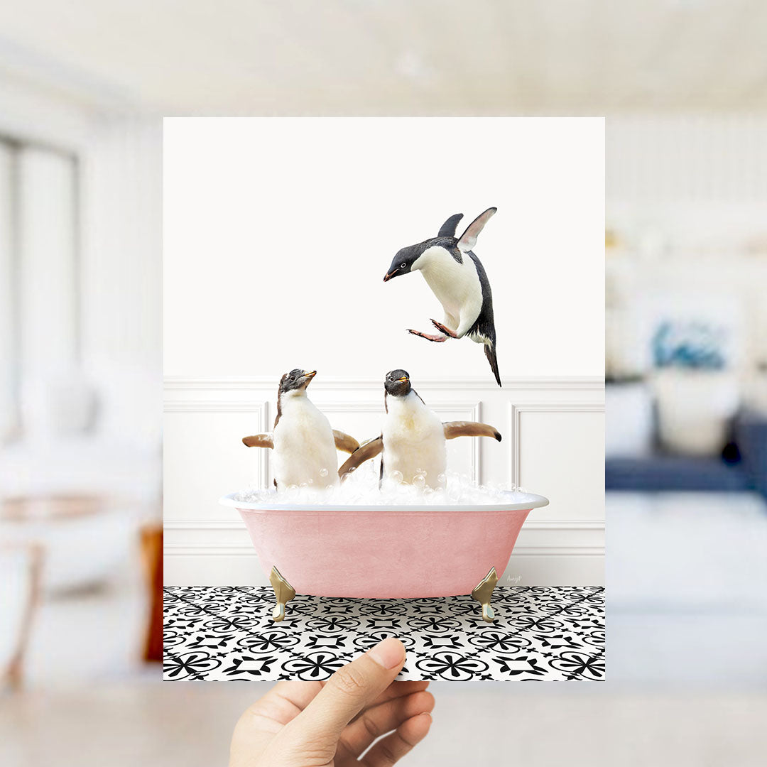 Penguins Playing in Stencil Tile with Pink Bathtub Bath