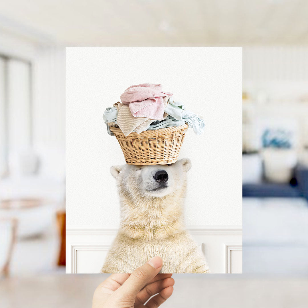 Polar Bear Balancing Laundry Basket - Simple White Wall