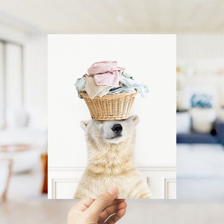 Polar Bear Balancing Laundry Basket - Simple White Wall