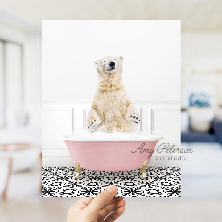 Polar Bear in Stencil Tile with Pink Bathtub Bath