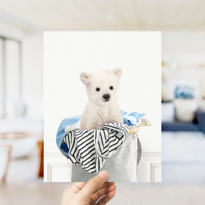 Polar Bear Cub in Laundry Basket - Simple White Wall
