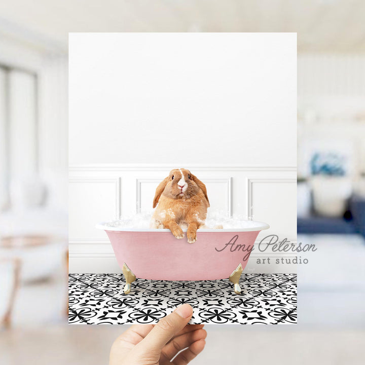 Pudgy Bunny in Stencil Tile with Pink Bathtub Bath