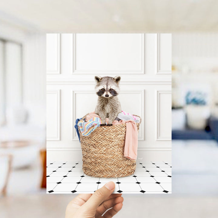Raccoon in Laundry Basket - Classic White Floor