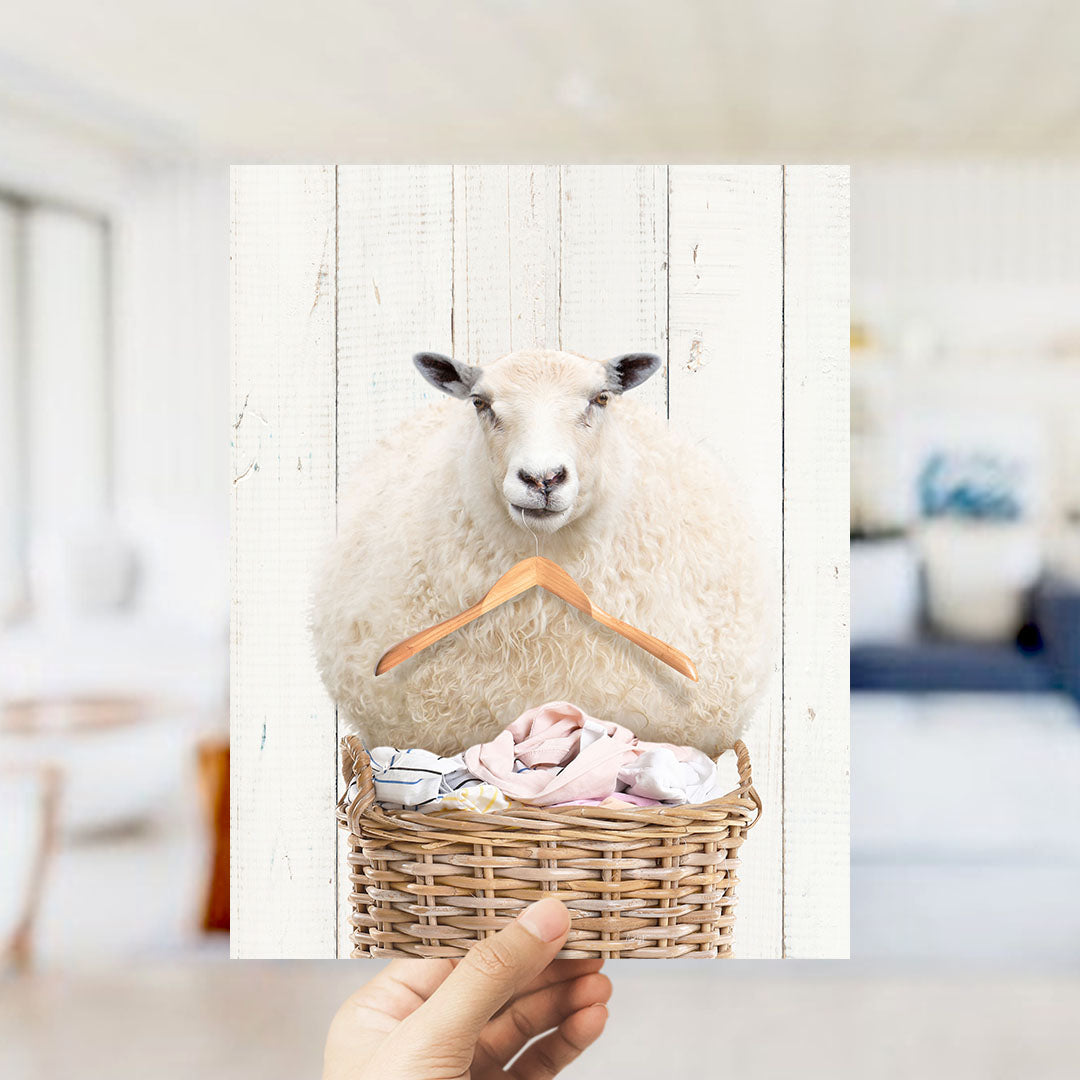 Sheep On Laundry Basket With Clothes Hanger - Farmhouse Wall