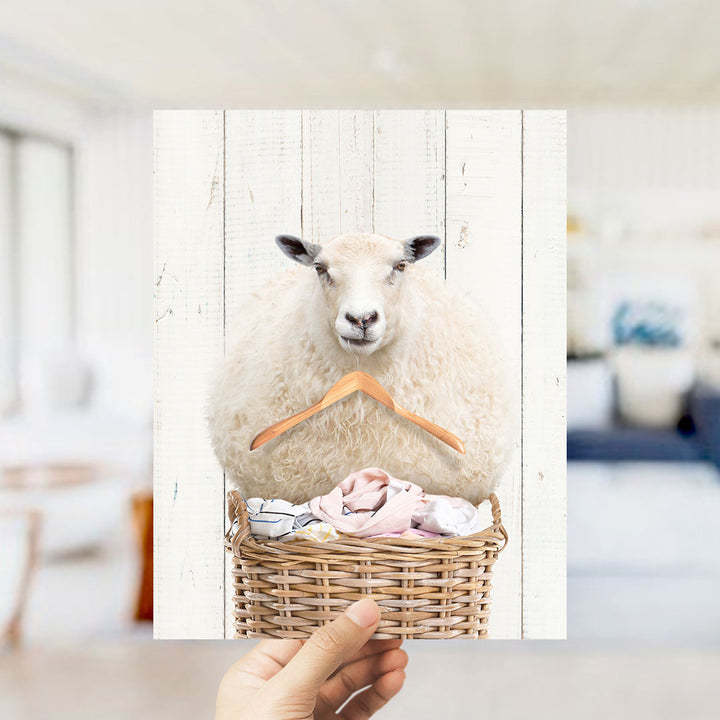 Sheep On Laundry Basket With Clothes Hanger - Farmhouse Wall
