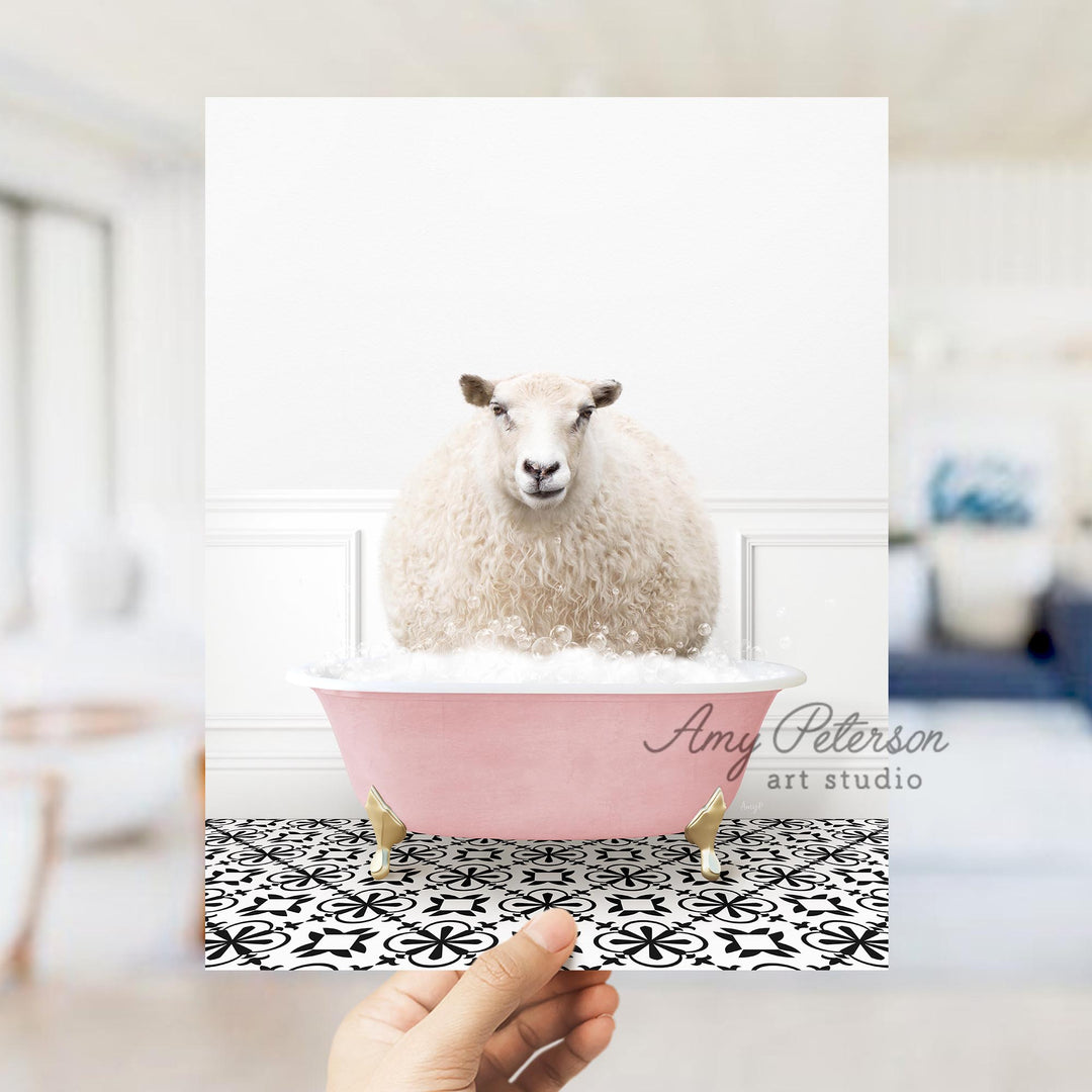Sheep in Stencil Tile with Pink Bathtub Bath