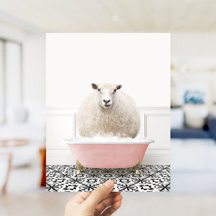 Sheep in Stencil Tile with Pink Bathtub Bath