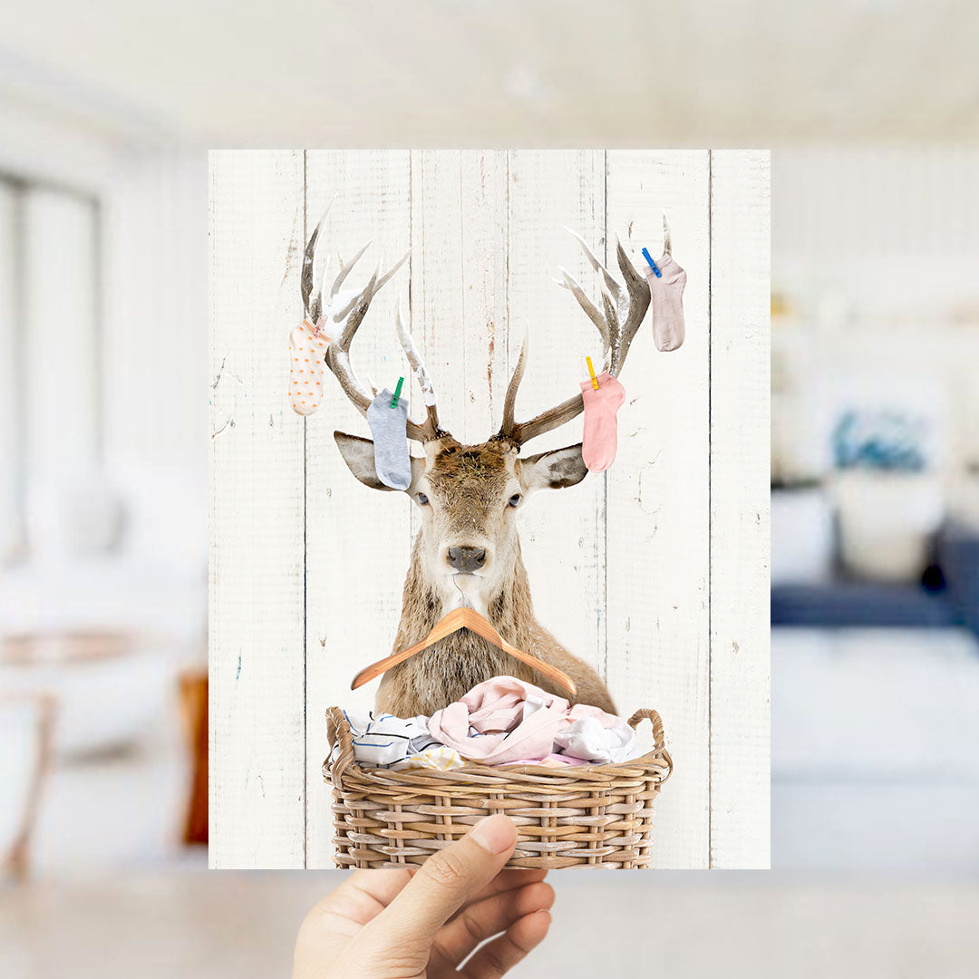 Deer On Laundry Basket with Laundry Socks and Clothes Hanger - Farmhouse Wall