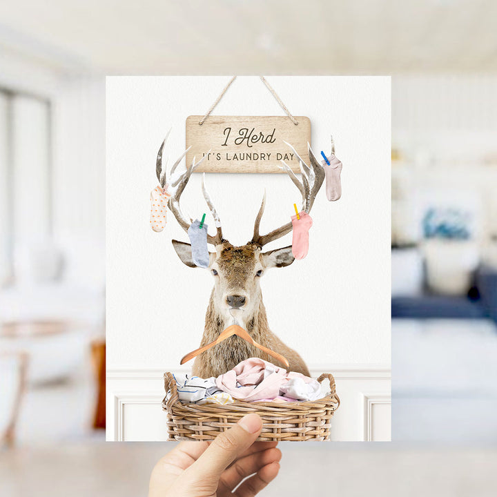 Deer In Laundry Basket "I Herd It's Laundry Day" Socks and Hanger