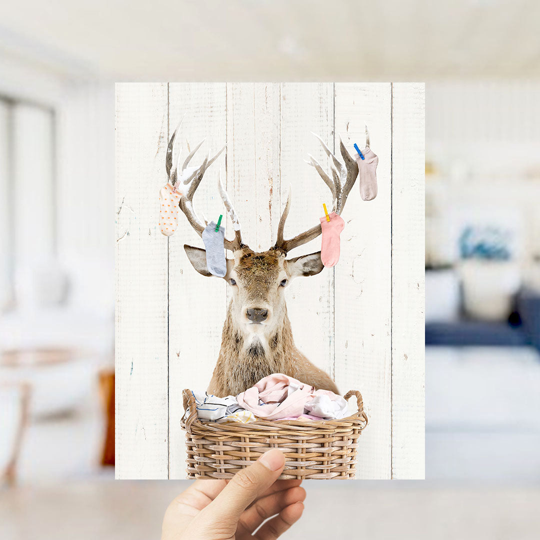 Deer With On Laundry Basket with Laundry Socks - Farmhouse Wall