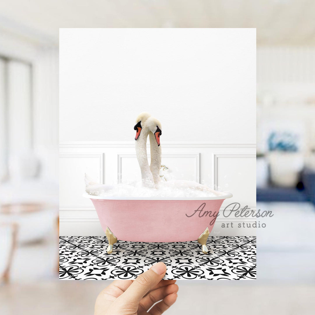Two Swans Hugging in Stencil Tile with Pink Bathtub Bath