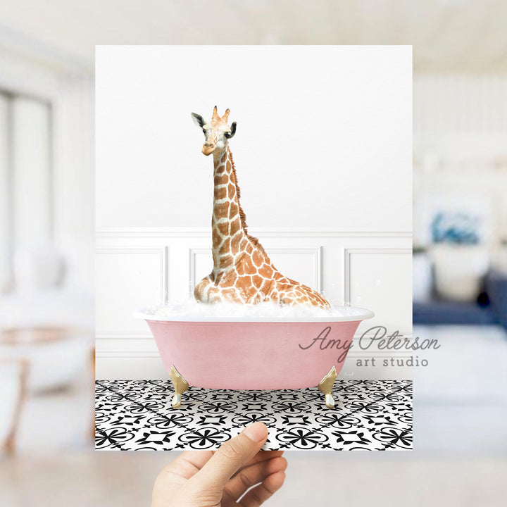 Tall Giraffe in Stencil Tile with Pink Bathtub Bath