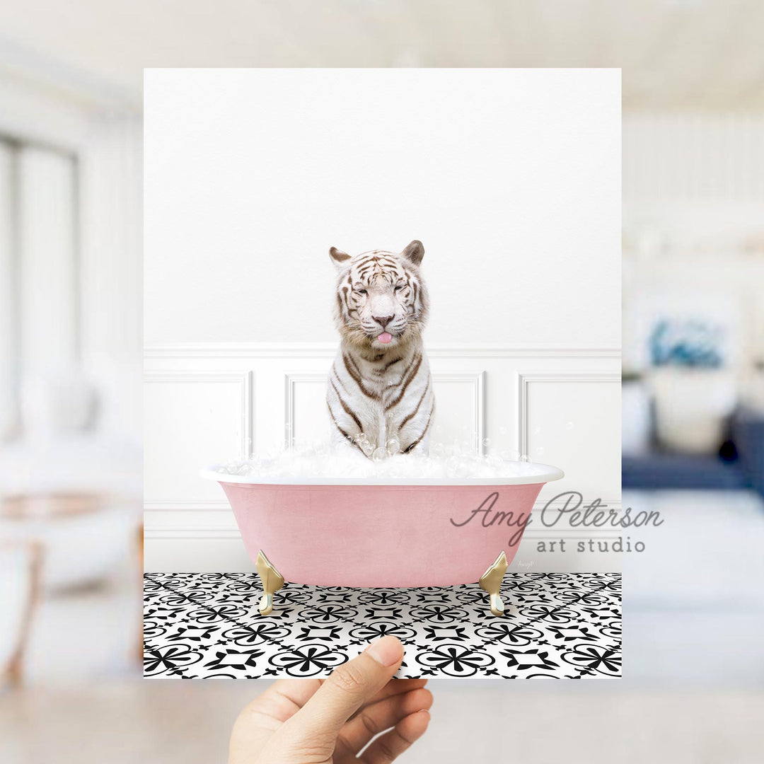 White Tiger in Stencil Tile with Pink Bathtub Bath