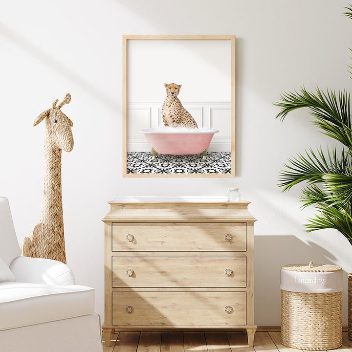 Cheetah in Stencil Tile with Pink Bathtub Bath