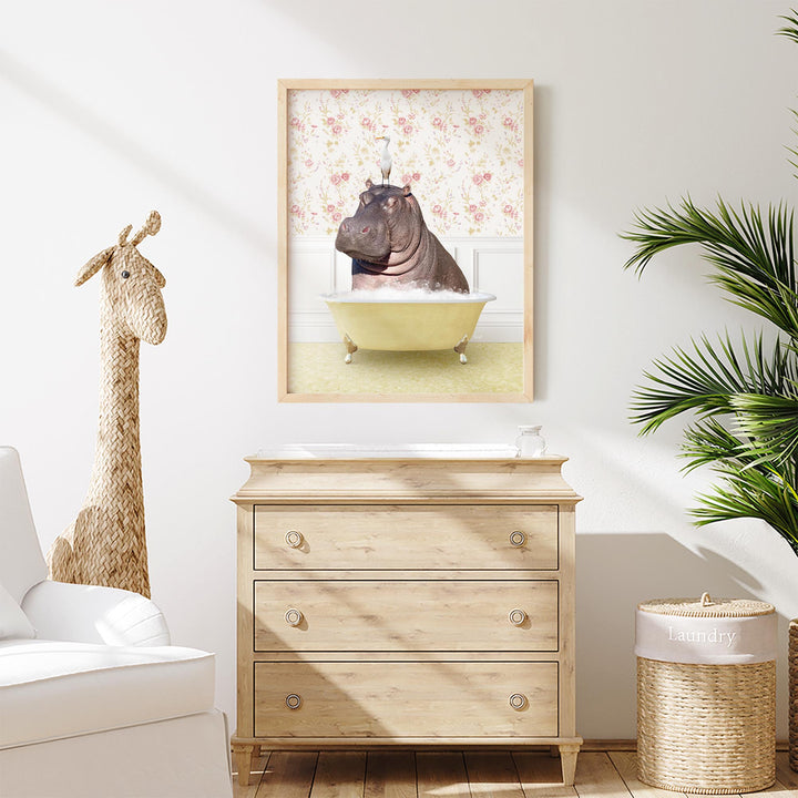 Hippo and Bird in Vintage Yellow Bath