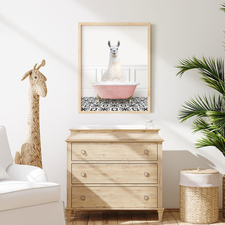 Llama in Stencil Tile with Pink Bathtub Bath