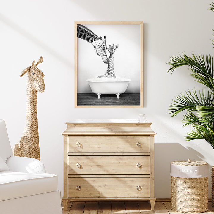 Mother and Baby Giraffe in Rustic Black and White