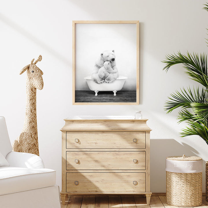 Mother and Baby Polar Bear in Rustic Black and White