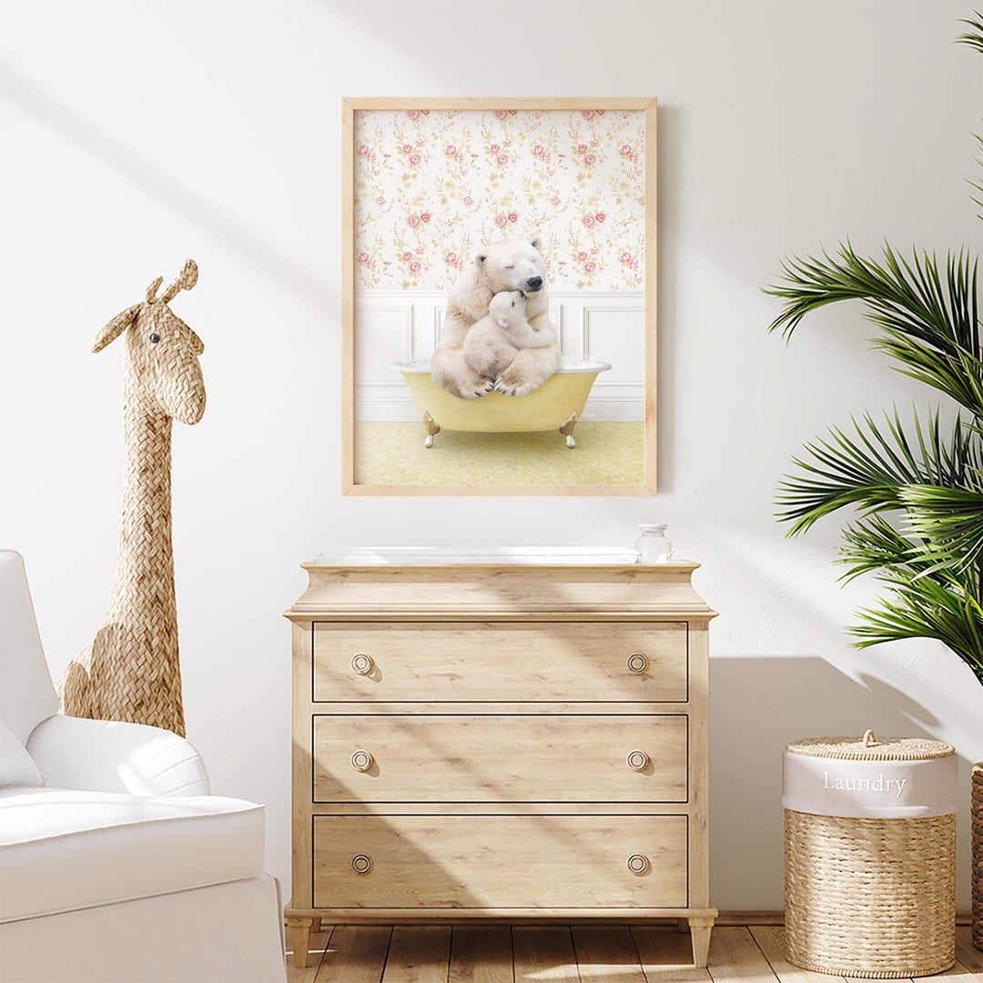 Mother and Baby Polar Bear in Vintage Yellow Bath