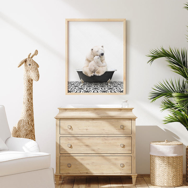 Mother and Baby Polar Bear in Stencil Black & White Bath