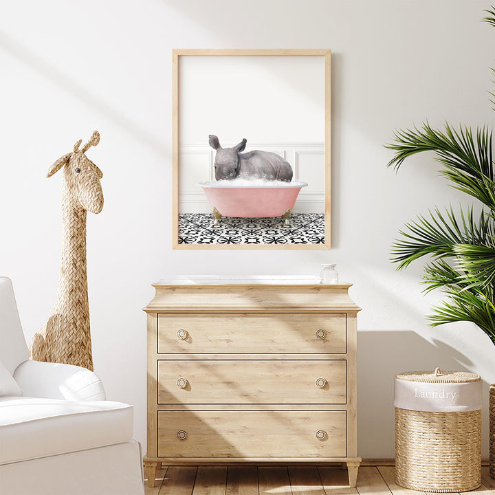Baby Rhino in Stencil Tile with Pink Bathtub Bath