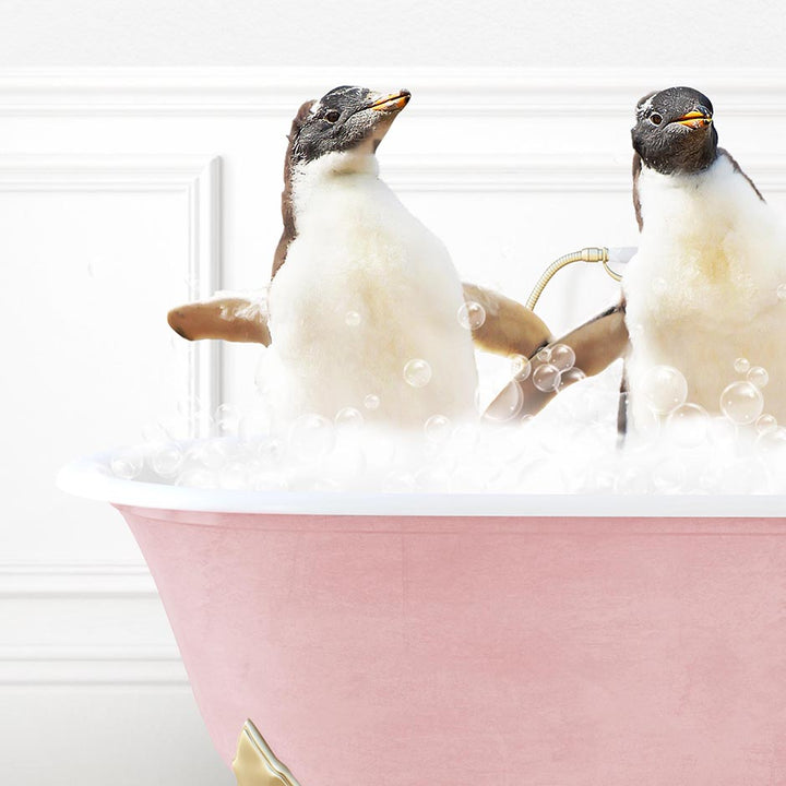 Penguins Playing in Stencil Tile with Pink Bathtub Bath