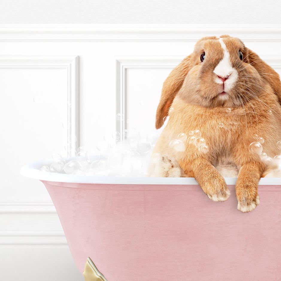 Pudgy Bunny in Stencil Tile with Pink Bathtub Bath