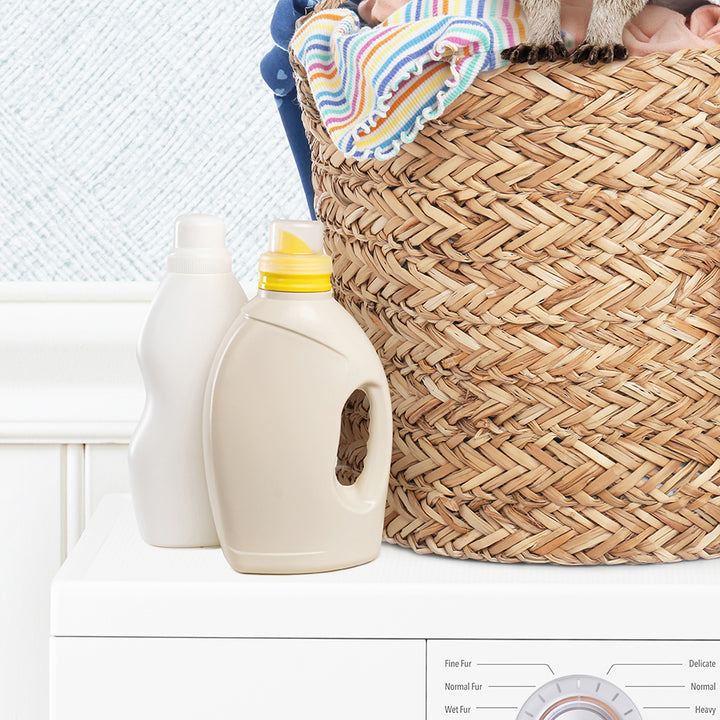 Baby Raccoon in Laundry Basket on Washing Machine - Cottage Blue Wall