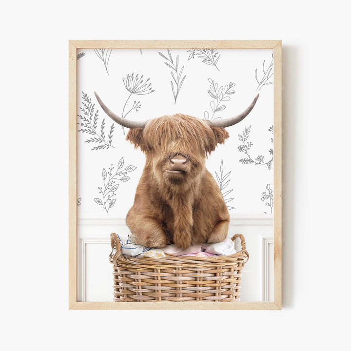 Highland Cow on Laundry Basket - Assorted Wallpapers