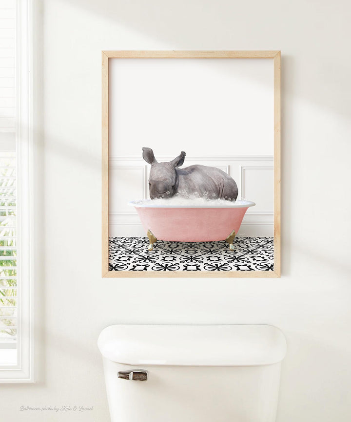 Baby Rhino in Stencil Tile with Pink Bathtub Bath